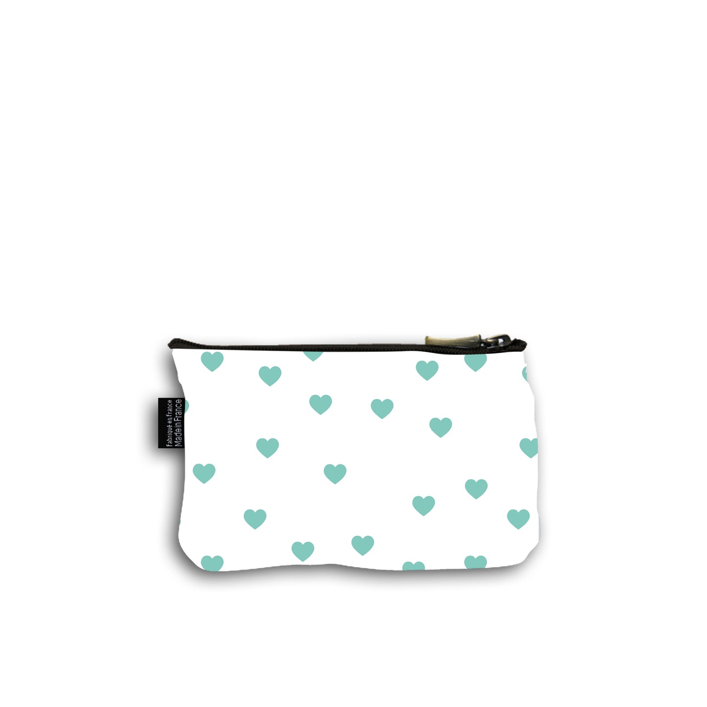 Dos de la pochette en coton de 10 centimètres par 15 centimètres. Le motif de la pochette représente des cœurs  turquoises. Pochette avec un zip noir et un curseur couleur bronze.