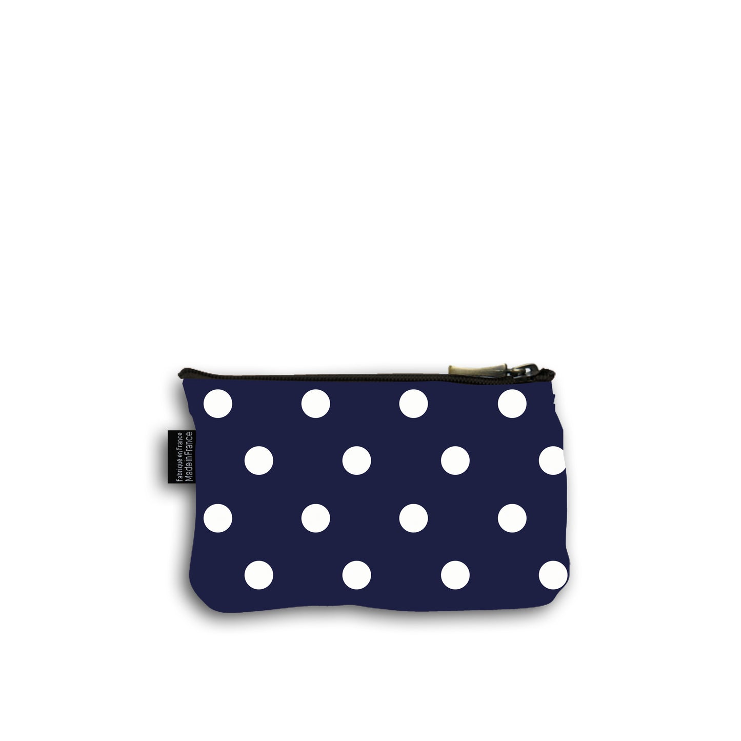 Dos de la pochette en coton de 10 centimètres par 15 centimètres. Le motif de la pochette représente des pois blancs sur un fond bleu marine. Pochette avec un zip noir et un curseur couleur bronze.