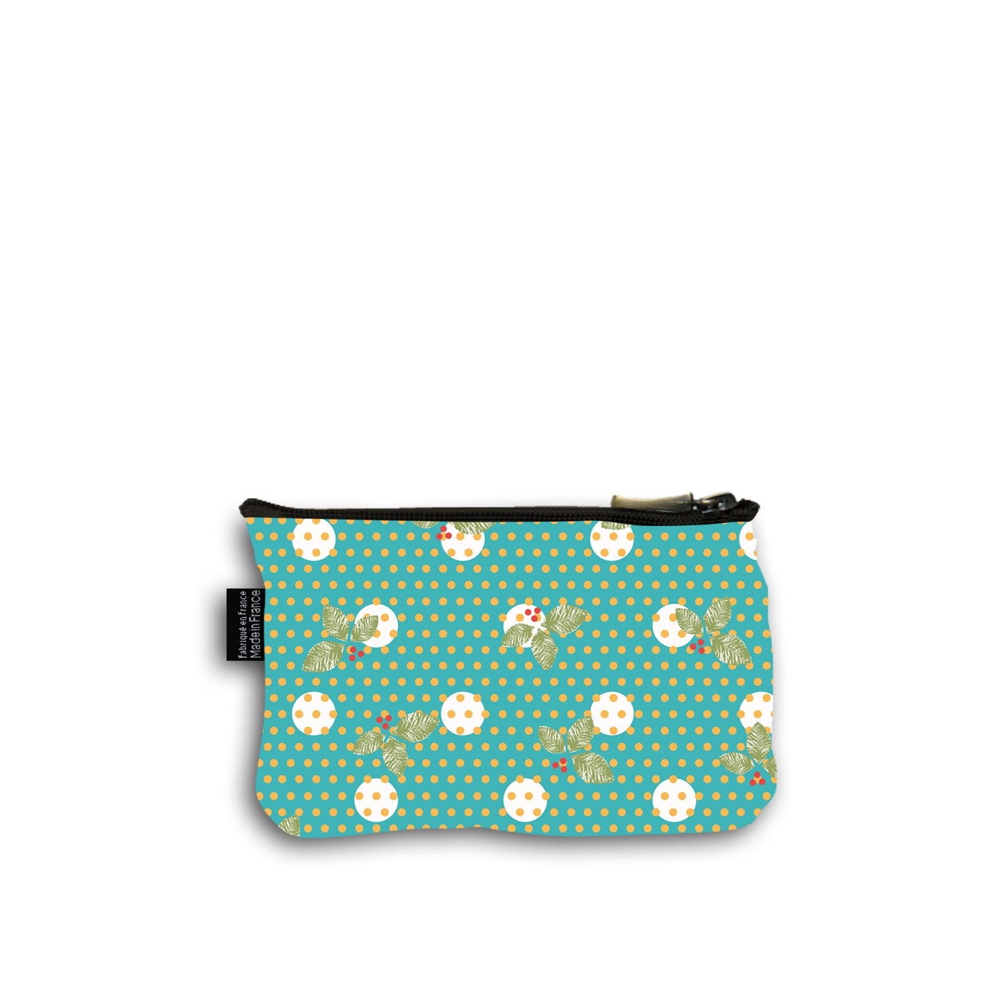 Dos de la pochette en coton de 10 centimètres par 15 centimètres . Le fond du motif de la pochette est turquoise avec des pois jaune et des plus gros pois blanc surmonté de feuilles de houx vertes avec des petites baies rouges.  Pochette avec un zip noir et un curseur couleur bronze.