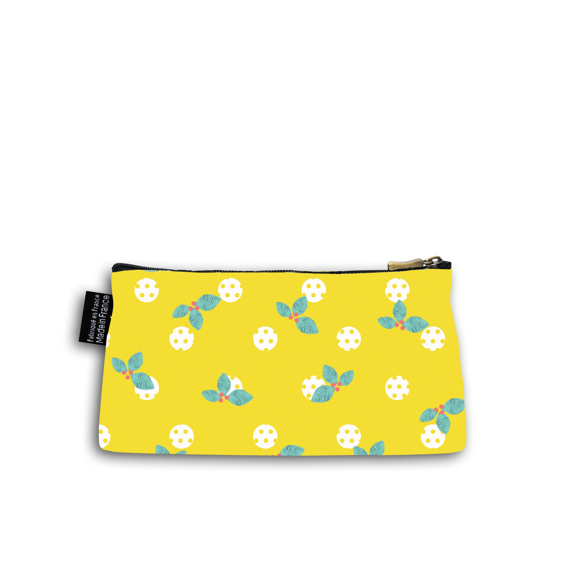 Dos de la trousse en coton de 10 centimètres par 20 centimètres. Trousse avec un zip noir et un curseur couleur bronze. Le fond de la trousse est couleur jaune avec des petits pois jaune et des feuilles de houx bleu turquoise et baies oranges.