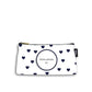 Devant de la trousse en coton de 10 centimètres par 20 centimètres. On peut imprimer une photo au centre de la pochette dans un cadre marie louise bleu marine et blanc. Trousse avec un zip noir et un curseur couleur bronze. Le fond de la trousse se compose de cœurs bleu marine 