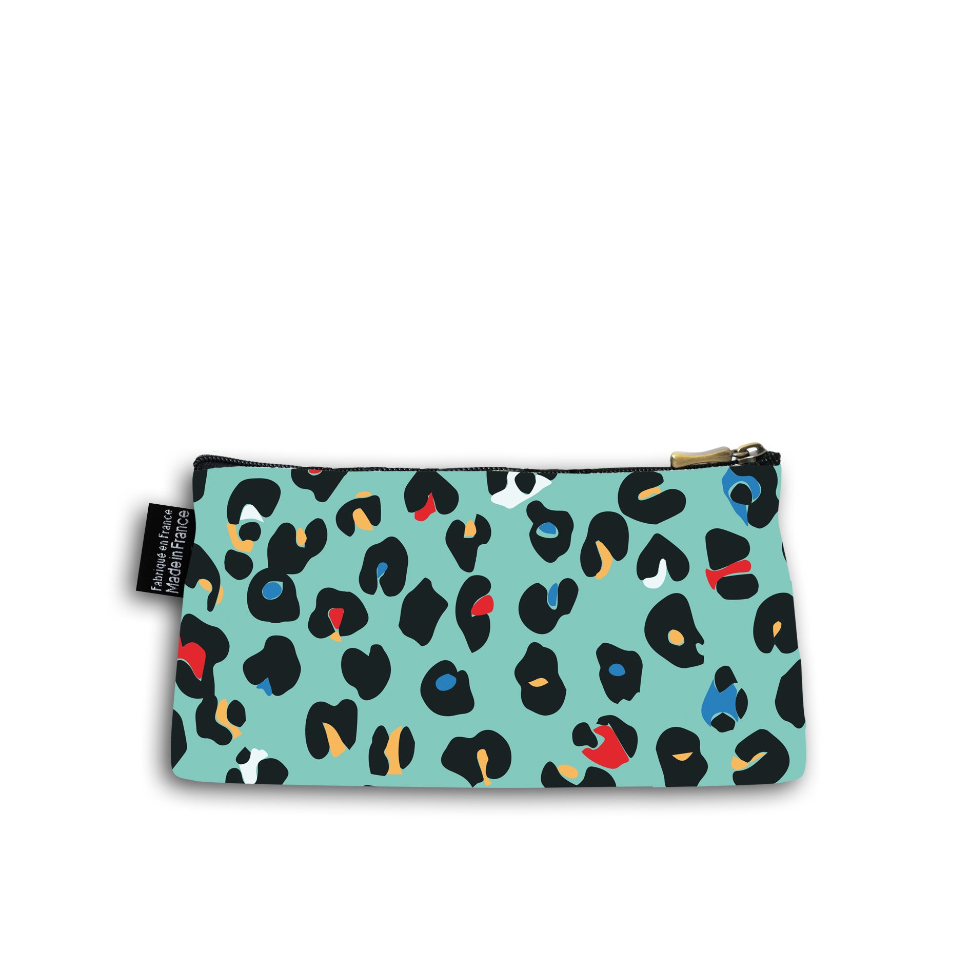 Dos de la trousse en coton de 10 centimètres par 20 centimètres. Trousse avec un zip noir et un curseur couleur bronze. Le fond de la trousse est un motif léopard fond bleu turquoise avec des taches bleus, rouges, oranges et noires.